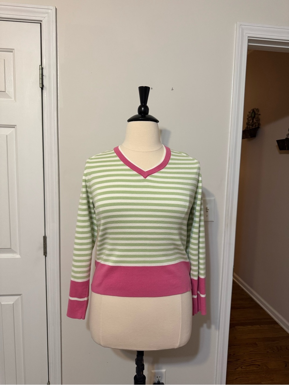 Tommy Hilfiger Light Green and Pink Striped V-Neck Sweater